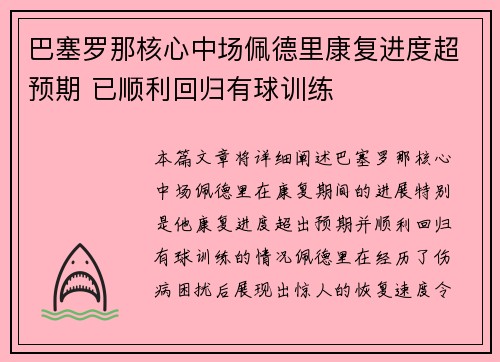 巴塞罗那核心中场佩德里康复进度超预期 已顺利回归有球训练